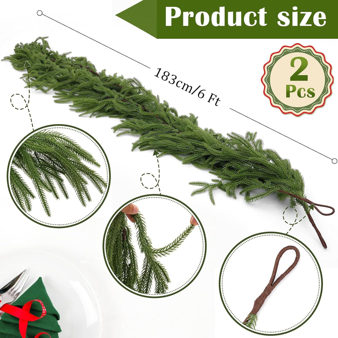 6 FT Artificial Norfolk Pine Garlands, Real Touch Winter Pine Garland, Green Artificial Greenery Garland for Table, Mantle, Wall, Indoor, Outdoor Christmas Decorations