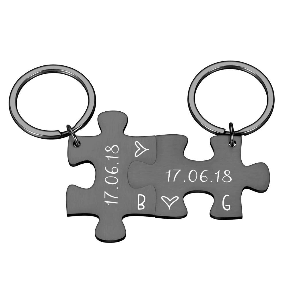 Anniversary date ideas-2-Piece Personalized Couple's Initial and Anniversary Date Puzzle Keychain