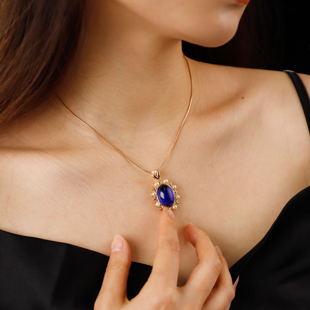 Sapphire Moonstone Gemstone Necklace with Pearl Accent