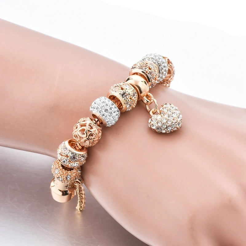 Crystal Heart Charm Bangle Bracelet