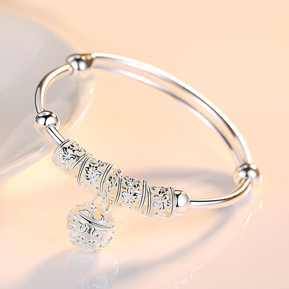 Gifting ideas for women-Precious Sterling Silver Floral Ball Charm Bangle Bracelet Jewelry