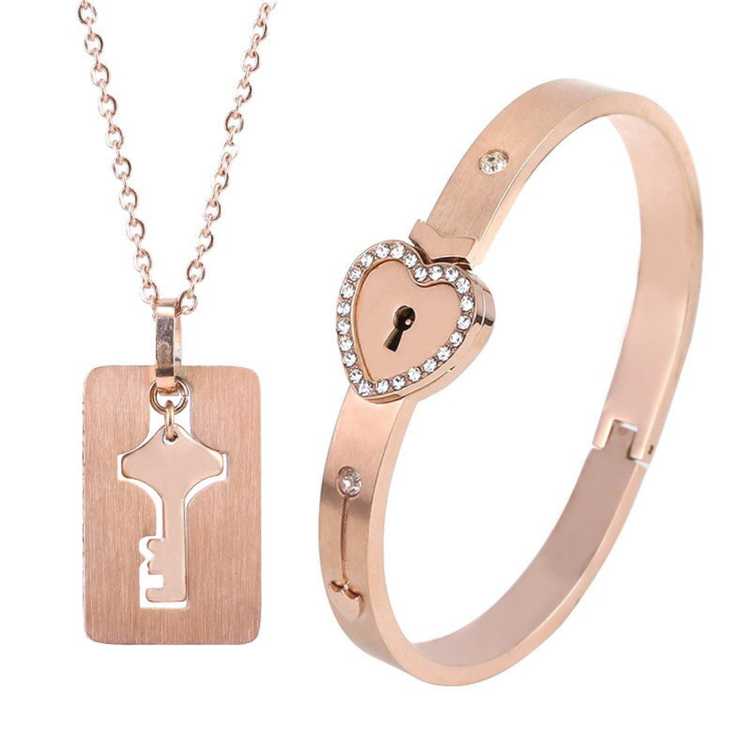 The Key To The Heart-Heart Love Lock Bracelet & Key Necklace Set